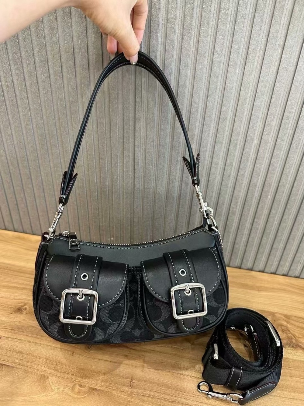 Coach Ashton Baguette Black Signature Denim Shoulder Crossbody Bag